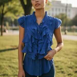 Miley Cyrus & Max Azria Blue Ruffled Buttoned Ruffled Front Blouse. Sz S